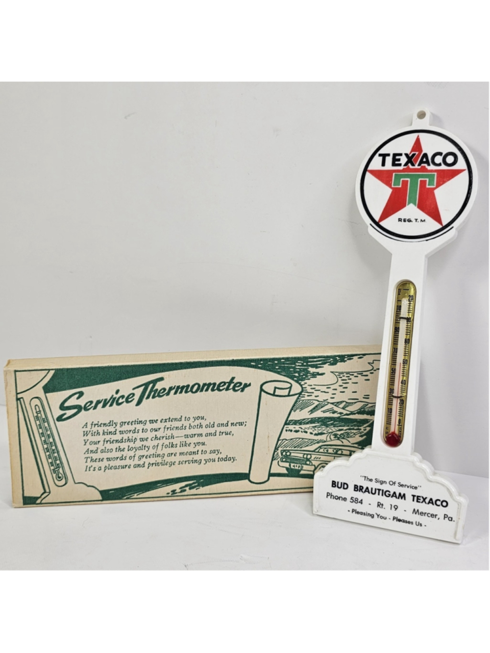 Vintage Texaco Service Thermometer Bud Brautigam Mercer PA Gas Oil w/ Box USA